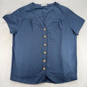 Grae Cove Linen‎ Blend Top V-Neck Short Sleeve Casual Blue Blouse XL